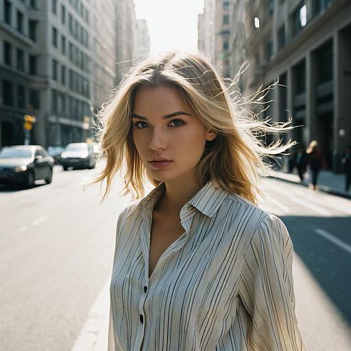 Blonde Woman with Modern Blouse on City Street