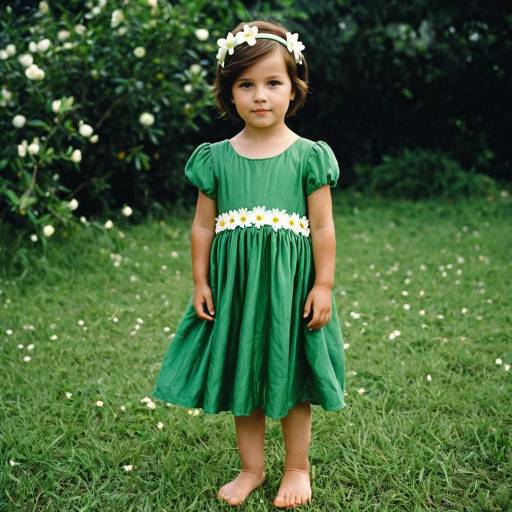 Little Girl in Green Dress with Flower Hairband