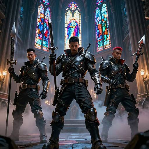 Three armored warriors with swords stand in a foggy, gothic cathedral, illuminated by vibrant stained glass windows. Epic fantasy scene.