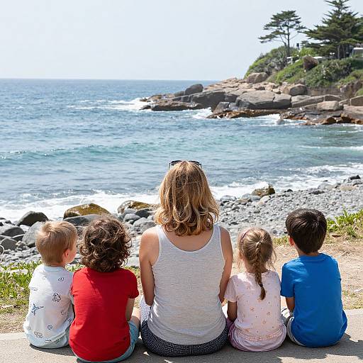 Photograph of a woman with shoulder-length blonde hair in a white tank top, sitting on a rocky shoreline with four children, facing a blue ocean under
