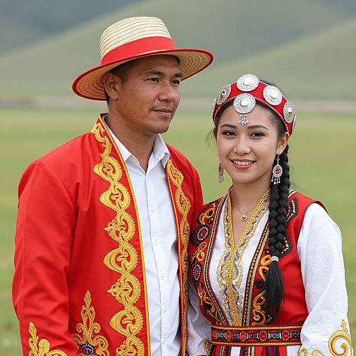 Photograph of an Asian couple in traditional vibrant red and gold embroidered outfits, standing outdoors with green hills in the background. The man wears a straw hat