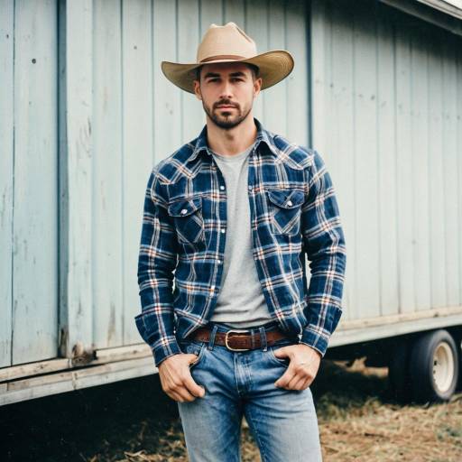 Man in Country Outfit with Plaid Shirt and Cowboy Hat