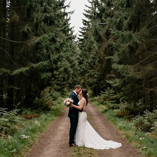 Photograph of a bride in a white lace dress and groom in a navy suit kissing on a forest path, surrounded by tall green pine trees. She