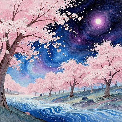 Digital painting of a surreal landscape with pink cherry blossoms, a glowing moon, and a swirling blue river under a starry sky.