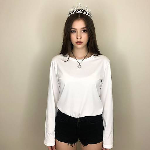 Digital portrait of a young woman with long black hair, wearing a white long-sleeve shirt, black shorts, silver necklace, and a silver ti