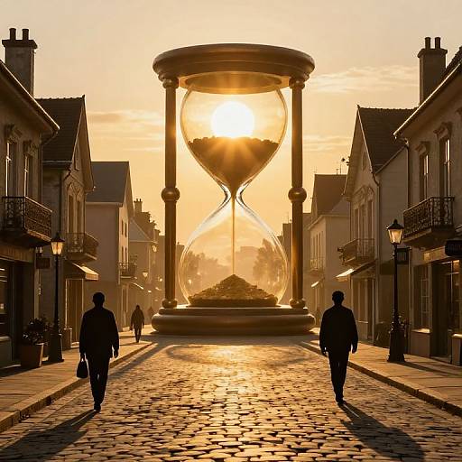 Photograph of a sunlit cobblestone street with silhouetted figures walking past a giant hourglass centerpiece, flanked by old European-style