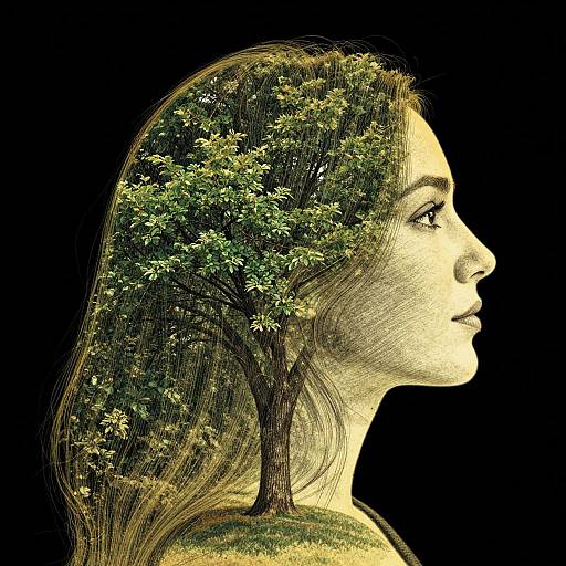 Digital artwork of a woman's profile with a tree growing inside her head, black background, yellowish skin tone, detailed leaves.