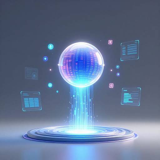 Digital CGI image of a glowing blue and purple neon sphere with light streams, floating above a circular illuminated platform. Neon data squares and glowing orbs surround it