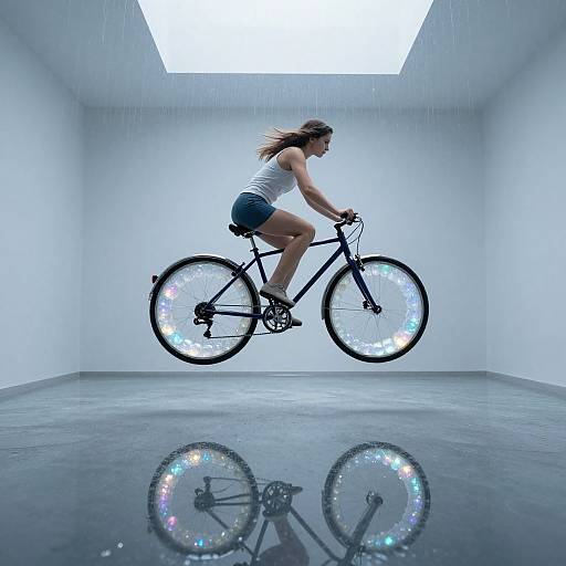 Photograph of a woman in a white tank top and black shorts riding a black bicycle in a white, rain-filled room, with a reflection on the