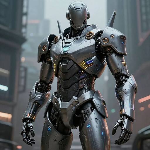 CGI image of a futuristic, silver robotic warrior standing in a neon-lit, cyberpunk city street with blurred buildings in the background.