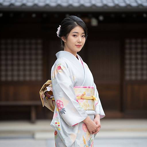 Photograph of an Asian woman with black hair in a white floral kimono, standing in front of a traditional wooden building. She has a white hair