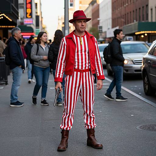Confident Man in Red Striped Outfit