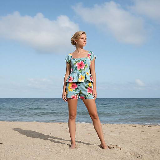 Photograph of a blonde woman with a slim build, wearing a colorful floral romper, standing on a sunny beach with blue ocean and sky in the