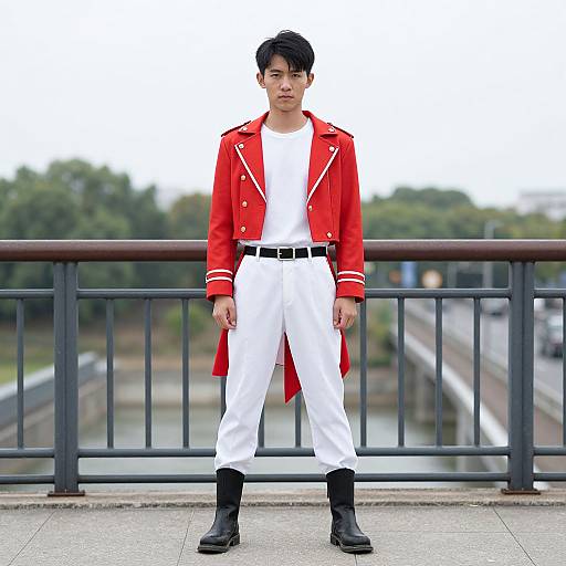 Photograph of an Asian man with black hair, wearing a bright red military-style jacket, white pants, black boots, and a white shirt, standing