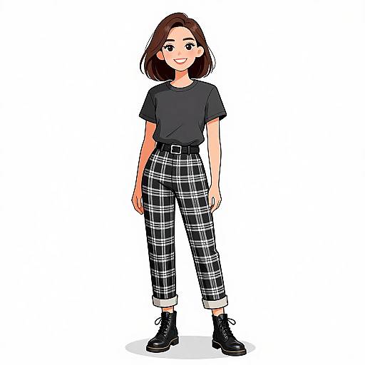 Digital illustration of a smiling, young woman with brown hair, wearing a black t-shirt, black plaid pants, and black boots, standing against a