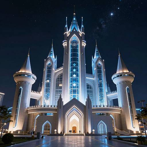 Photograph of a glowing, Gothic-style castle at night with blue and white illuminated spires and windows, set against a starry sky.