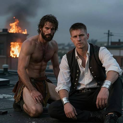 Dramatic Rooftop Duel: Men in Shadows