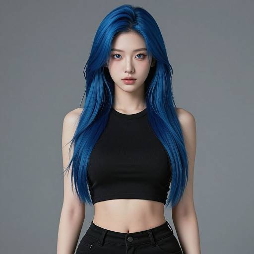 Digital CGI portrait of an Asian woman with long, vibrant blue hair, wearing a black crop top and black jeans, against a grey background.