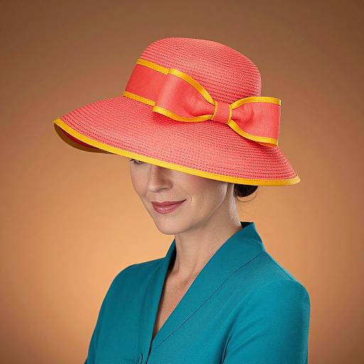 Photograph of a smiling woman with fair skin, wearing a bright red wide-brimmed hat with a yellow bow, and a teal blouse, against