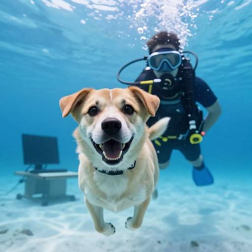 Underwater photograph of a smiling, light brown and white dog swimming towards a scuba diver in blue gear, with a computer monitor in the background.