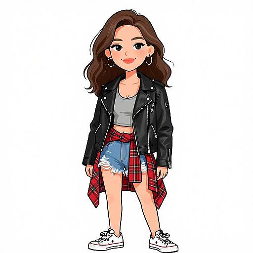 Digital anime-style drawing of a smiling young woman with long brown hair, wearing a black leather jacket, gray crop top, red plaid shirt tied around