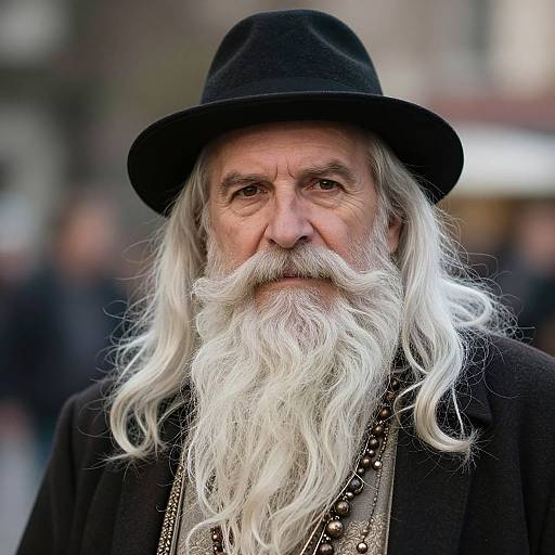 Photograph of an elderly man with a long, flowing white beard, wearing a black velvet hat and coat, set against a blurred urban background.