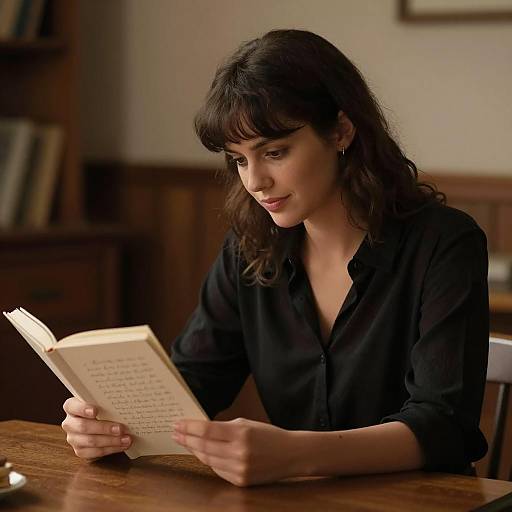 Young Woman Reading at Wooden Table