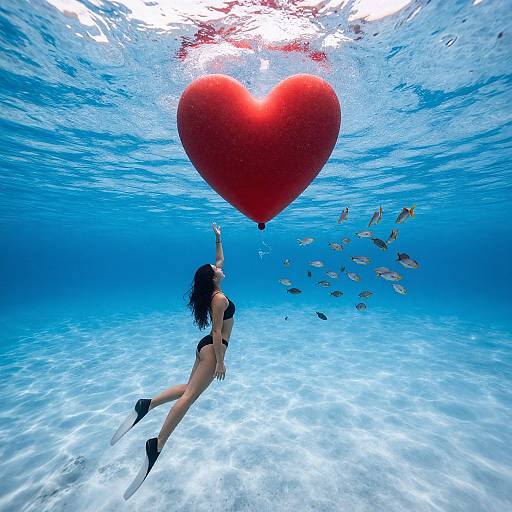 Underwater photo of a woman in a black bikini, reaching for a red heart balloon, surrounded by fish in clear blue water.