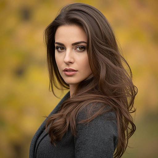 Photograph of a beautiful woman with long, wavy brown hair, wearing a black coat, against a blurred autumnal yellow and green background. She