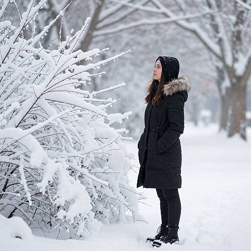 Woman by Snow-Covered Winter Plants