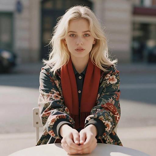 Platinum Blonde Woman in Floral Jacket