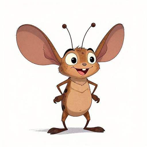 Cartoon drawing of a happy, anthropomorphic brown mouse with large pink ears, standing on two legs, smiling with hands on hips.