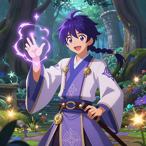 Digital anime-style illustration of a blue-haired boy in a white and blue kimono, casting a glowing purple lightning spell in a magical forest.