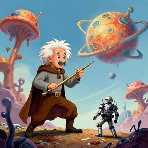 Cartoon image: White-haired wizard with brown cloak and mustache points staff at small robot, surrounded by colorful, whimsical alien landscapes.