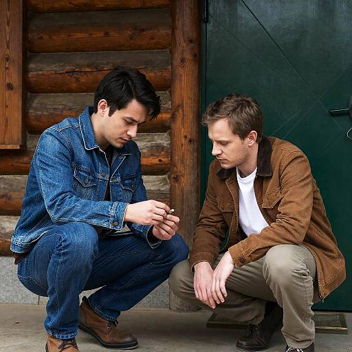 Serious Men by a Log Cabin