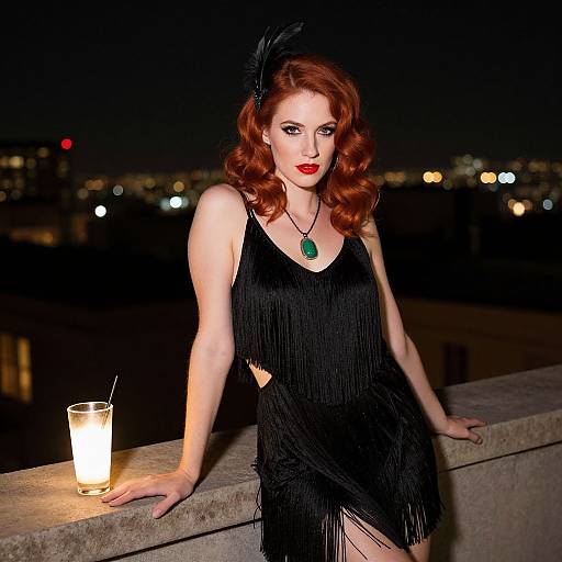 Photograph of a red-haired woman with vintage style, wearing a black fringed dress, green pendant, and black headband, leaning on a railing