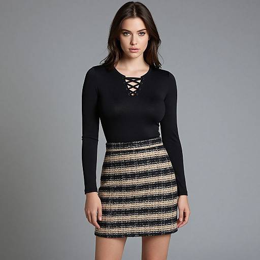 Photograph of a young woman with long brown hair, wearing a black long-sleeve top with lace-up neckline and a striped black and beige mini