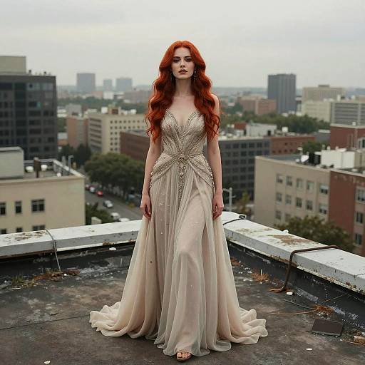 Photograph of a red-haired woman with pale skin wearing an elegant, sheer, silver-beaded gown standing on a rooftop with a cityscape background.