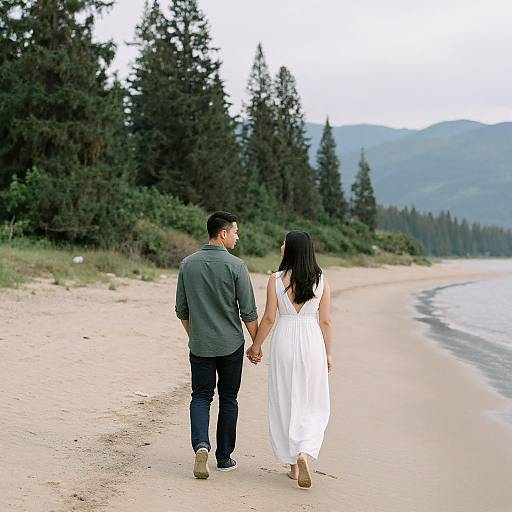 Photograph of a couple holding hands, walking along a deserted beach with tall trees and mountains in the background. She wears a white dress, he wears