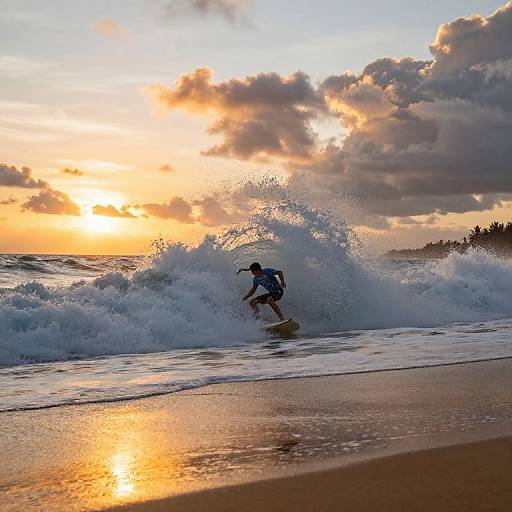 Photograph of a surfer riding a wave at sunset, with golden sky, orange sun, and white foamy waves crashing on a sandy beach.