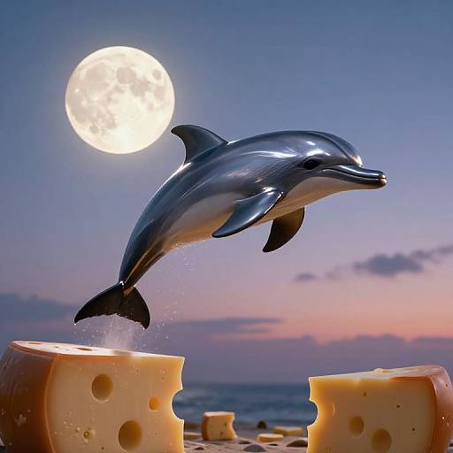 Photograph of a dolphin jumping between two Swiss cheese chunks under a bright full moon, against a twilight ocean horizon.