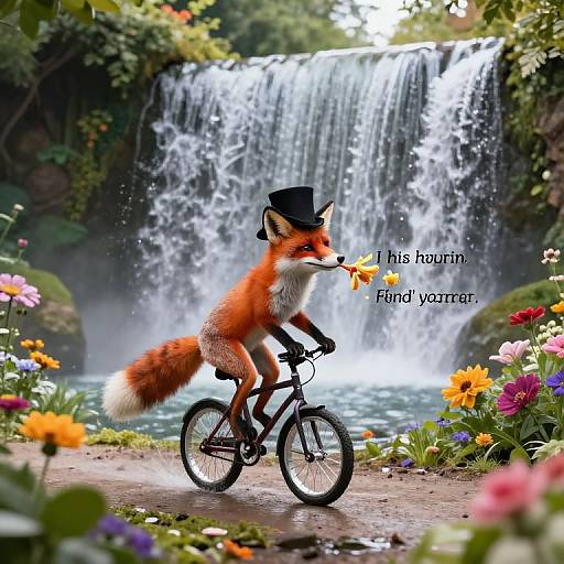 Photograph: anthropomorphic fox in black top hat riding bicycle, holding flower, in front of cascading waterfall, surrounded by vibrant flowers. Text: