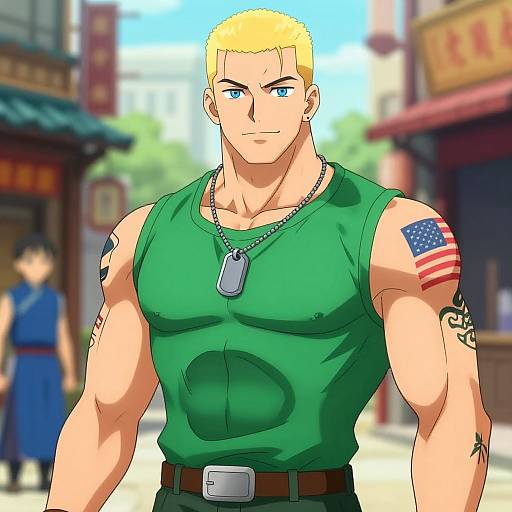 Muscular Blonde Anime Warrior with Tattoos