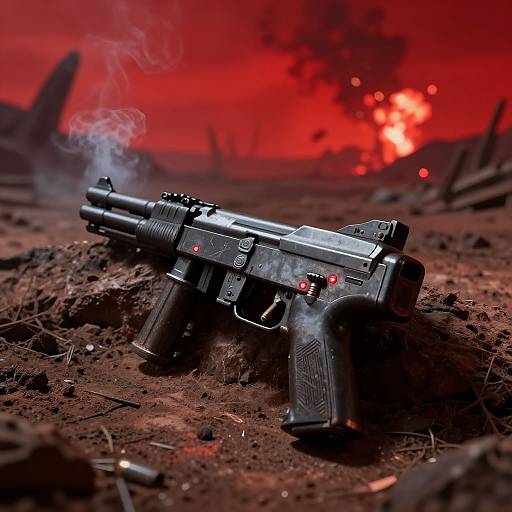 Photograph of a black, smoke-emitting, futuristic handgun on dirt, with red, fiery explosion and debris in the background.