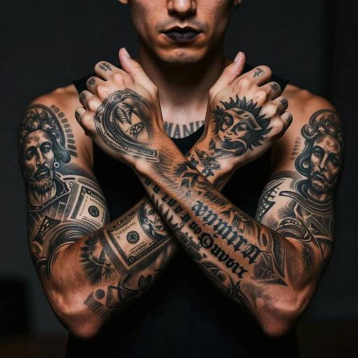 Tattooed man with dark lips, crossed arms, detailed black and grey tattoos of historical figures and text on muscular arms and hands. Photographic