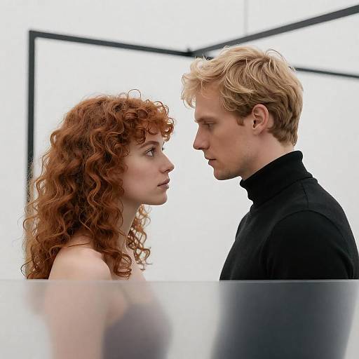 Photograph of a red-haired woman and a blonde man facing each other, nose-to-nose, in a minimalistic, white-lit room.