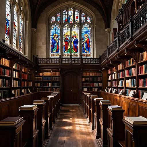 Photograph of a dimly lit, historic library with wooden pews, bookshelves, and colorful stained glass windows depicting religious figures. Sunlight