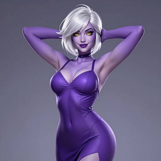 Digital 3D rendering of a sexy, purple-skinned woman with white hair, yellow eyes, wearing a tight purple dress and gloves, posing confidently