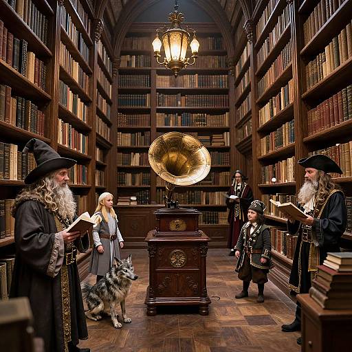 Photograph of a medieval library with wooden shelves, three elderly men in black wizard robes, a blonde woman, and a child, around a large brass