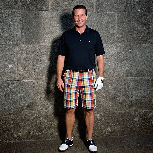 Photograph of a smiling man with short dark hair, wearing a black polo, colorful plaid shorts, white gloves, black-and-white sneakers, standing